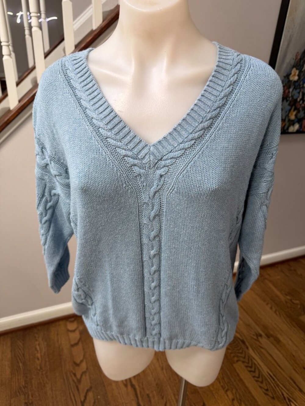 Autumn Cashmere 100% Cotton Knit V Neck Sweater Blue Size Small